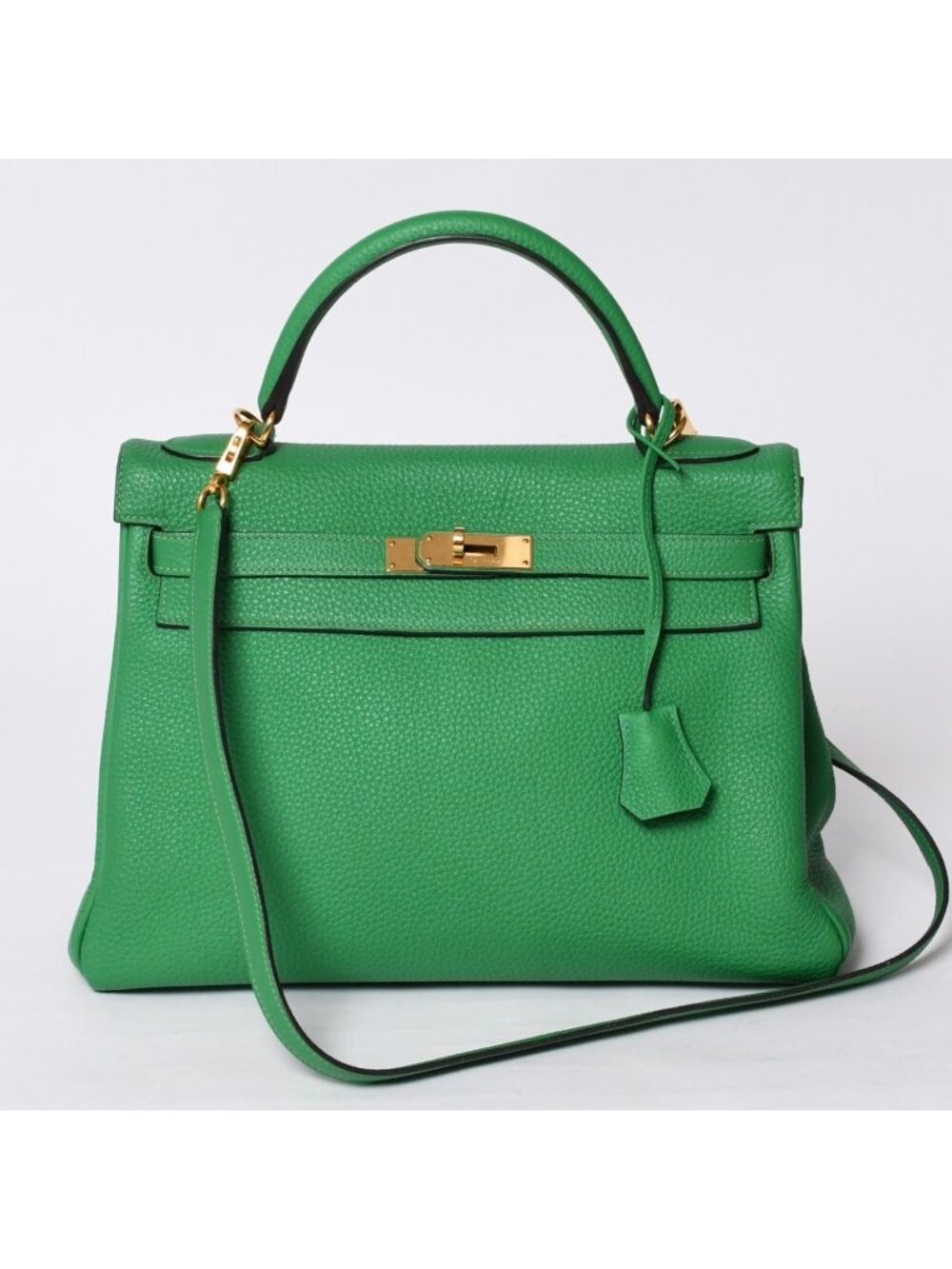 Hermes Kelly 32 Retourne Bamboo Silver Taurillon Clemence Handbag 2-Way